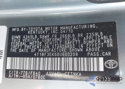 2011 Toyota Camry Le z USA, uszkodzony, nr VIN 4T1BF3EK6BU600208